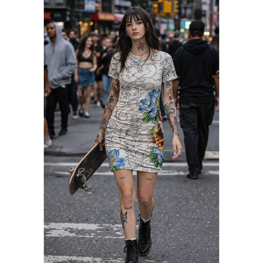 Ed Hardy Vintage Womens Y2K Koi Fish Dress white Mesh Overlay Streetwear M